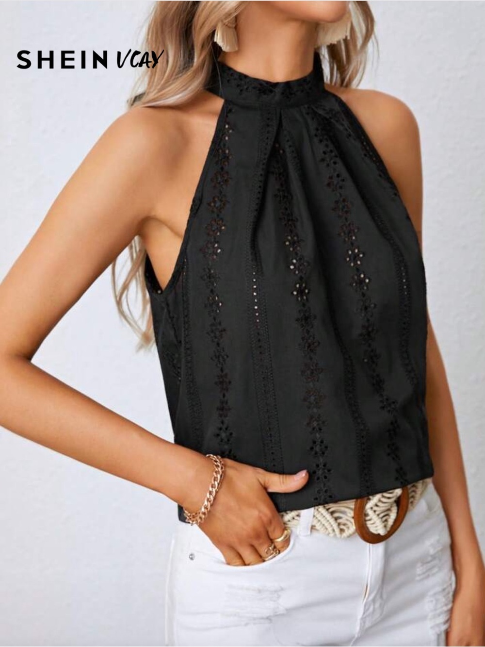 SHEIN Black Halter Eyelet Lace Camisole